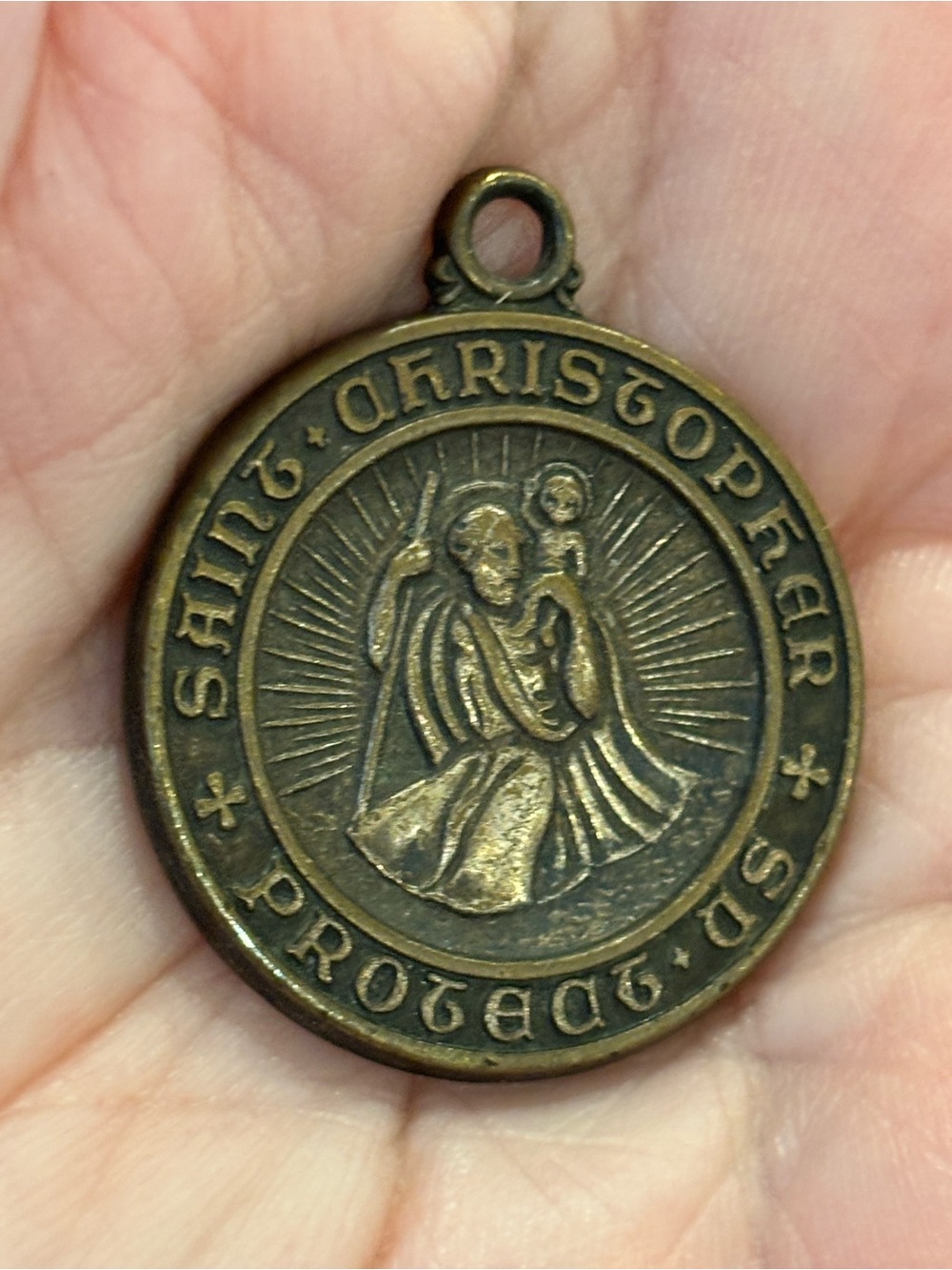 VTG ST CRISTOPHER MEDAL ENGRAVED REV GJ CARCICH PALLOTTINE PRIEST PENDANT